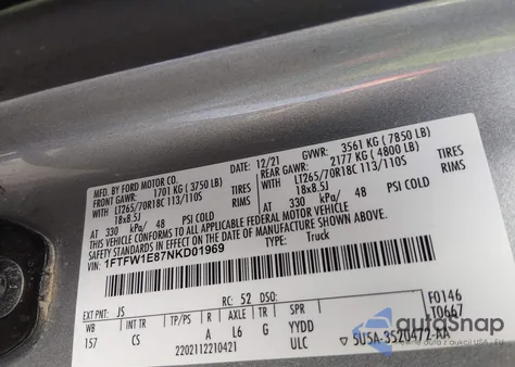 2022 Ford F-150 Xl из США, поврежденный, VIN 1FTFW1E87NKD01969